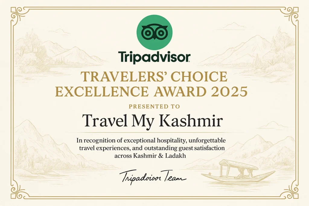 Trip Advisor award to Travel My Kashmir, a reputed travel agency in Kashmir