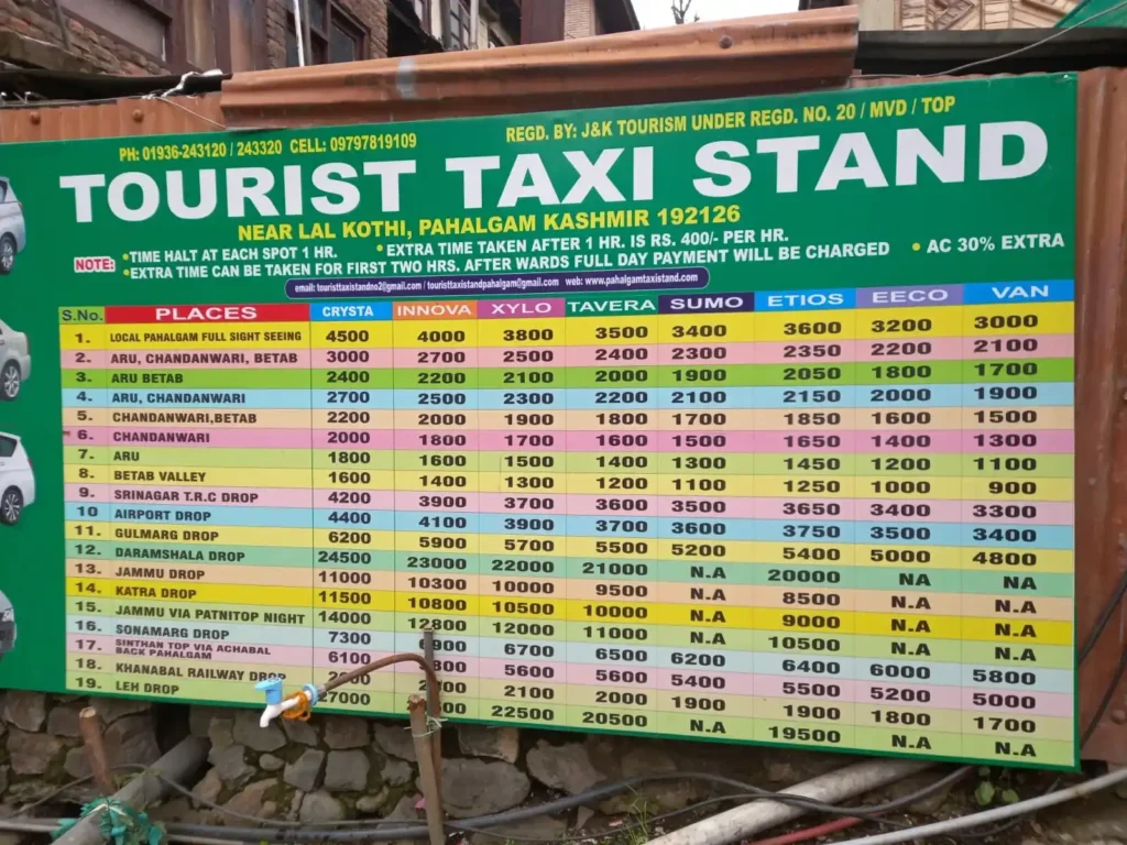 Pahalgam Union taxi stand rate list
