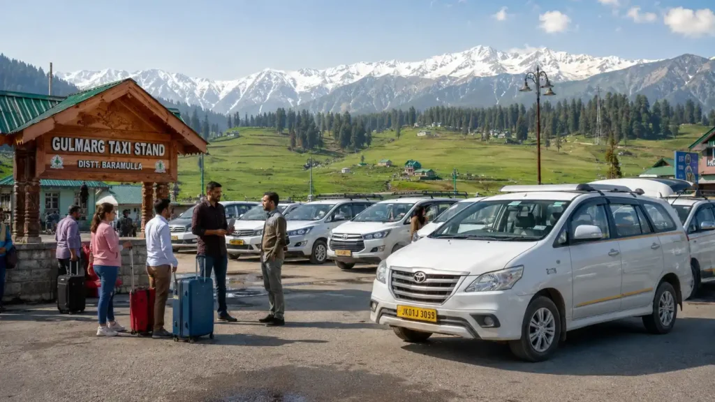 Gulmarg Union Taxi Stand with local taxis parked in queue and tourists preparing for sightseeing in Gulmarg, Kashmir