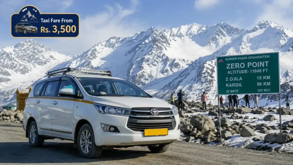 Local Sonmarg taxi at Zero Point with snow-covered mountains and fare starting from Rs. 3,500