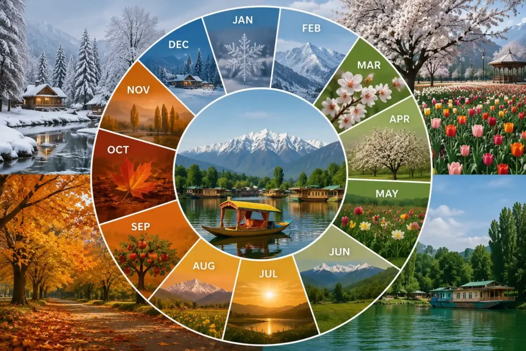 Landscape seasonal calendar infographic of Kashmir showing all 12 months arranged in a circular timeline with realistic scenes of spring blossoms and tulip gardens, lush summer landscapes and Dal Lake, golden autumn chinar trees, and snow-covered winter mountains surrounding a panoramic view of the Kashmir Valley.